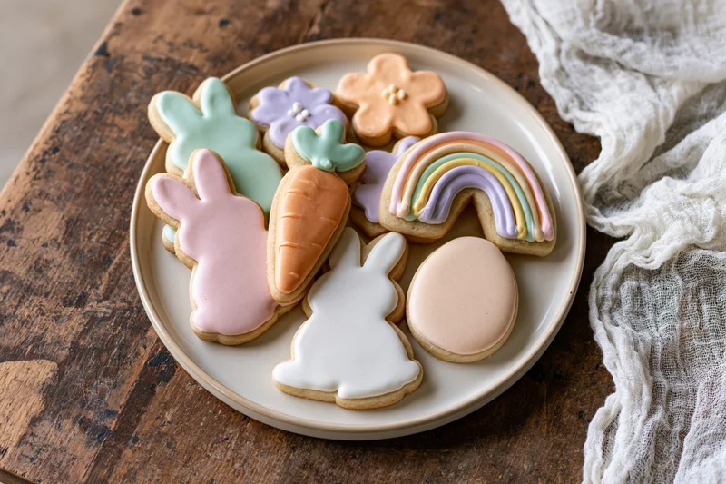 Easter sugar cookies decorated with royal icing arranged on a plate on a wooden table with lace cloth