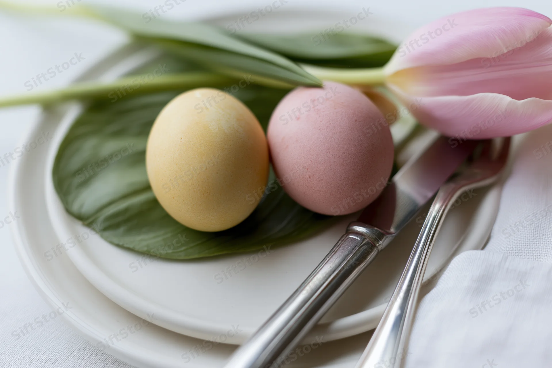 Easter table setting with dyed eggs and pink tulip on ceramic plate with cutlery and green leaf