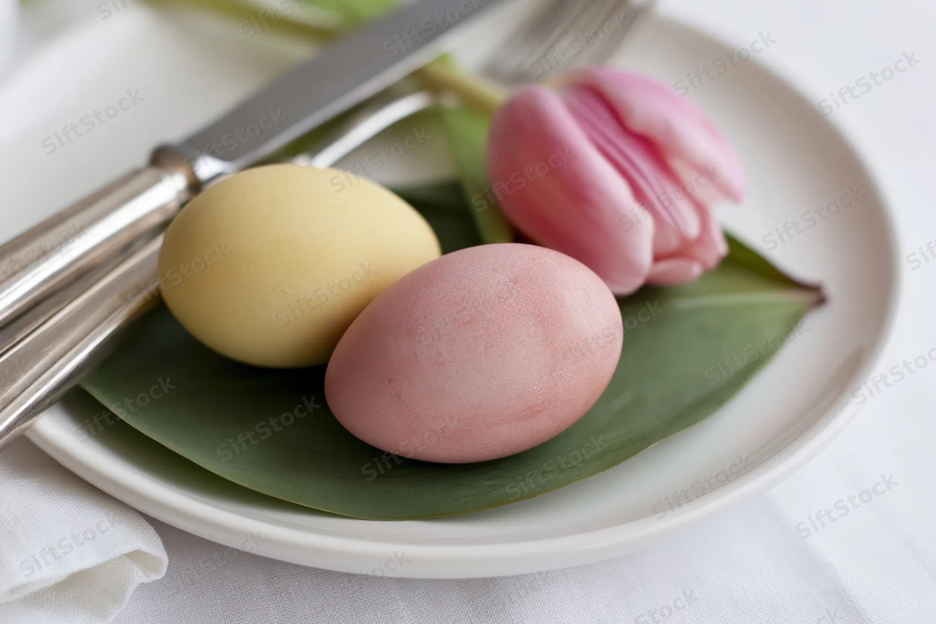 Easter eggs and a pink tulip arranged on a green leaf with cutlery on a white ceramic plate