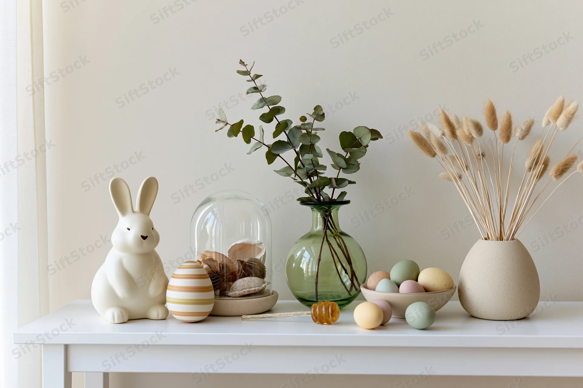Easter tabletop vignette arranged on a white console table with ceramic bunny, pastel eggs, green vase with eucalyptus, and dried pampas grass in beige vase