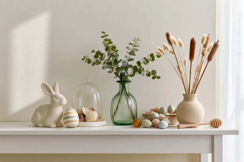 Easter decoration arranged on a white console table with ceramic bunny, vases, eggs and dried plants