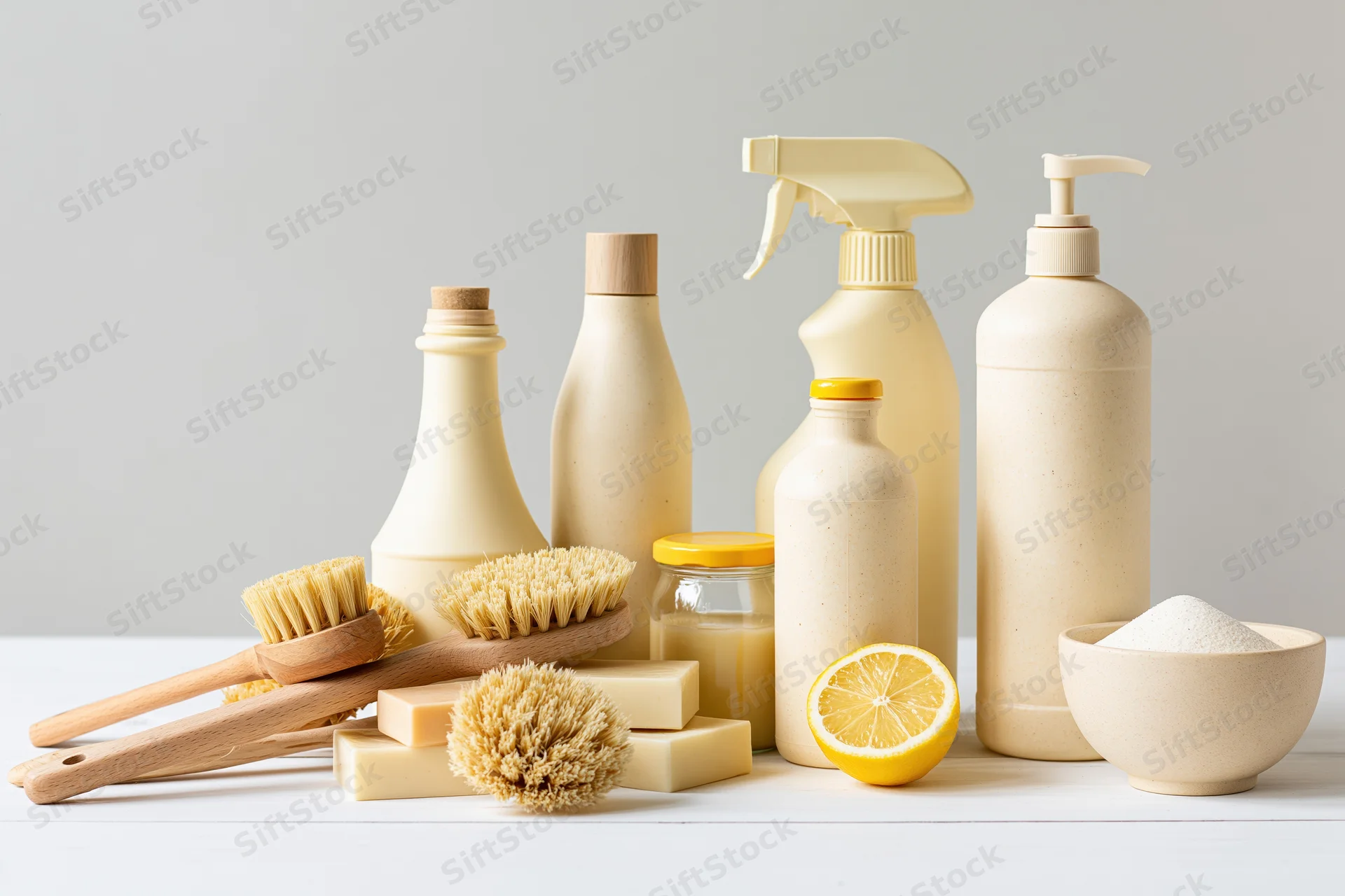 Eco-friendly cleaning products arranged on a white surface with brushes, sponges, lemon, and baking soda