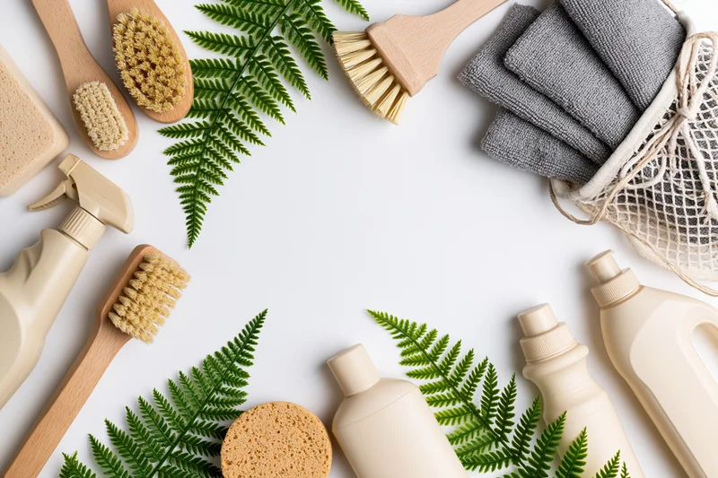 Eco-friendly cleaning supplies arranged in a flat lay frame on white background with fern leaves and copyspace