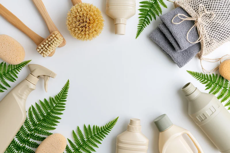Eco-friendly cleaning supplies arranged in a flat lay frame on white background with fern leaves and copyspace