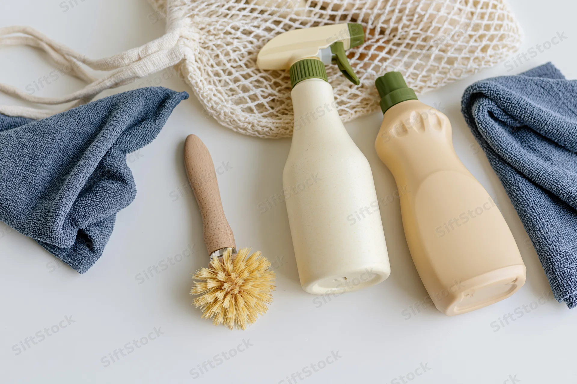 Eco-friendly cleaning supplies arranged on white surface with reusable mesh bag and cloths