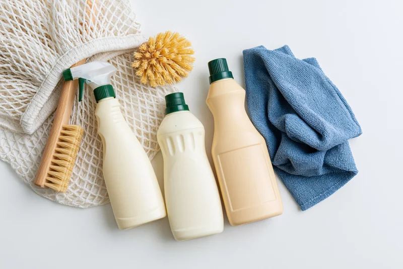 Eco-friendly cleaning supplies arranged with brushes, cloths and a mesh bag on a white surface