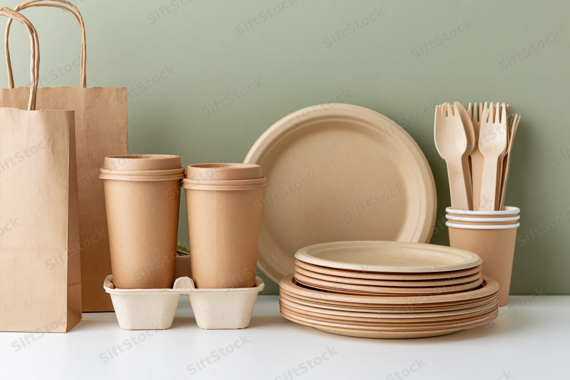 Eco-friendly disposable tableware arranged on a white surface with paper bags and stacked plates, cups, and utensils