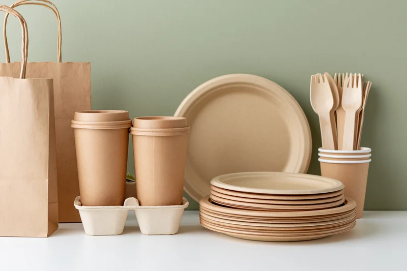 Eco-friendly disposable tableware arranged on a white surface with paper bags and stacked plates, cups, and utensils