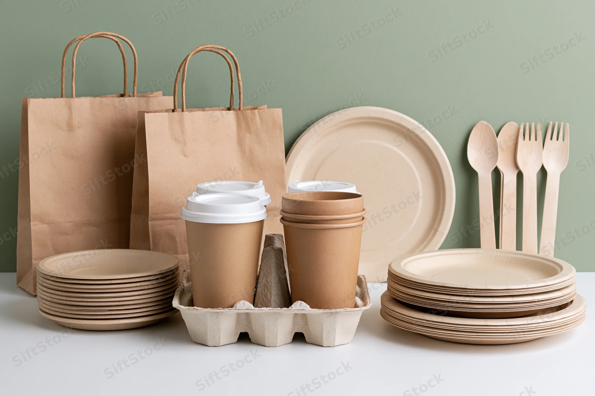 Eco-friendly disposable tableware arranged on a white surface with paper bags and wooden cutlery
