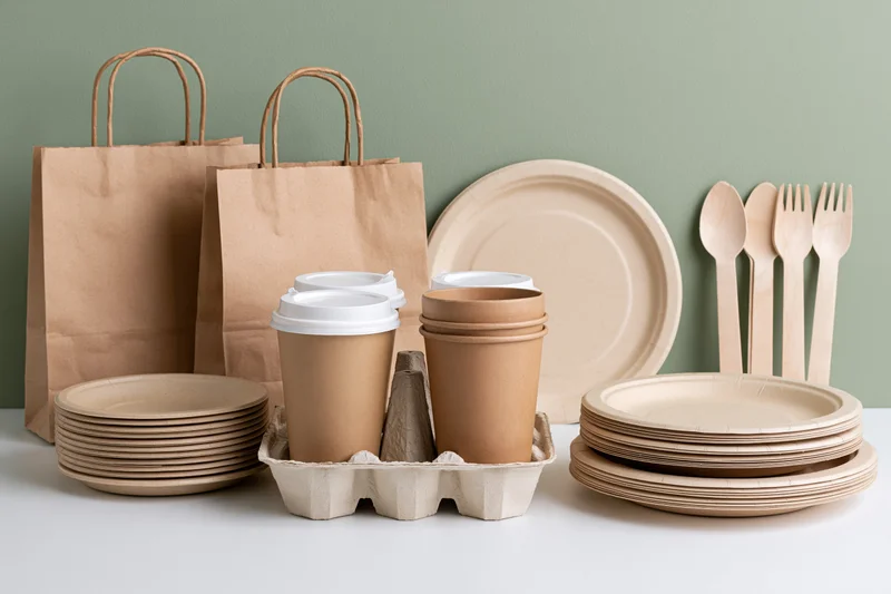 Eco-friendly disposable tableware arranged on a white surface with paper bags and wooden cutlery