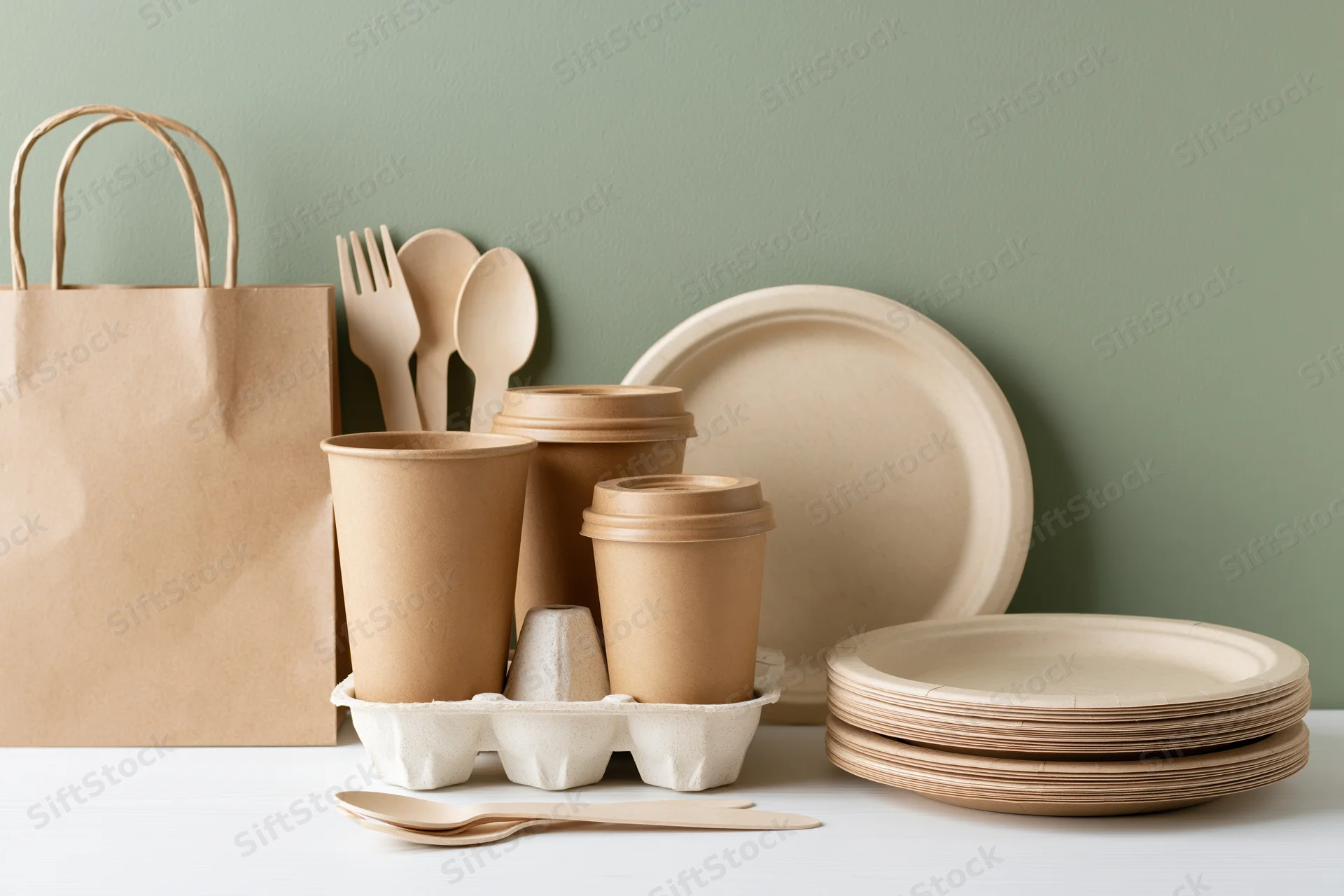 Eco-friendly disposable tableware arranged on a white surface with paper bags and cutlery in a flat lay composition