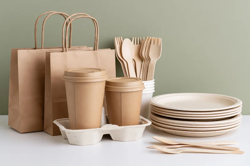 Eco-friendly disposable tableware arranged on a white surface with paper bags and cutlery in a flat lay composition