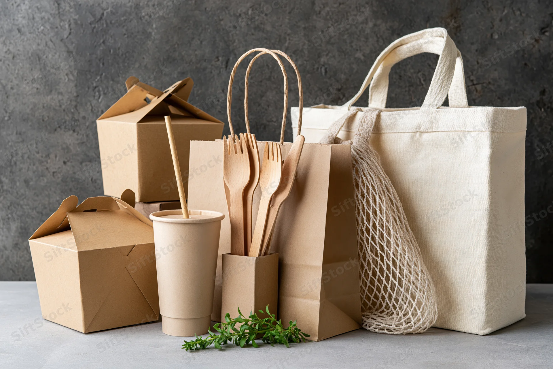 Eco-friendly packaging collection arranged on a light gray surface