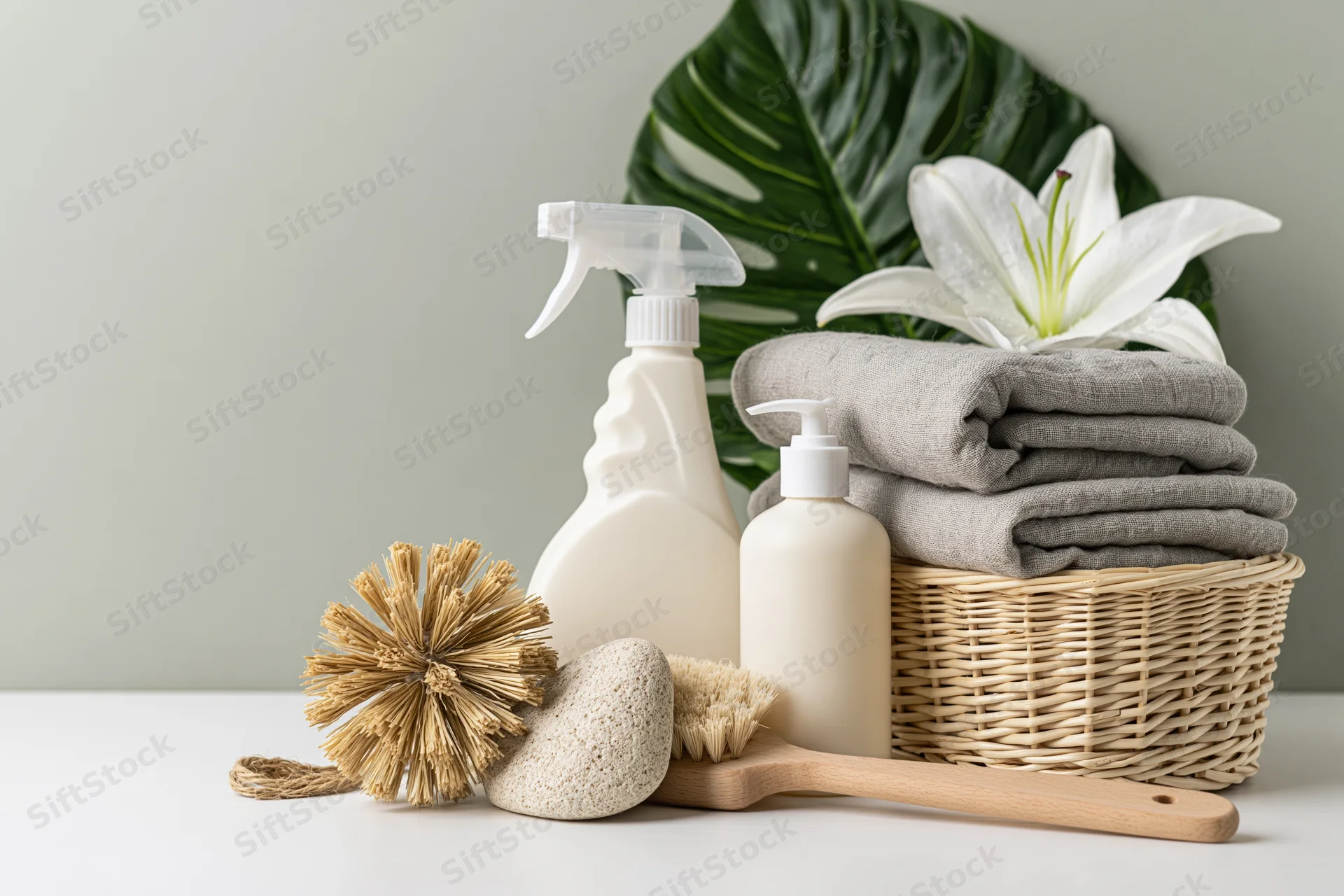 Eco cleaning and bath supplies arranged on white surface with plant and towels in wicker basket