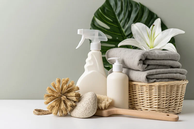 Eco cleaning and bath supplies arranged on white surface with plant and towels in wicker basket