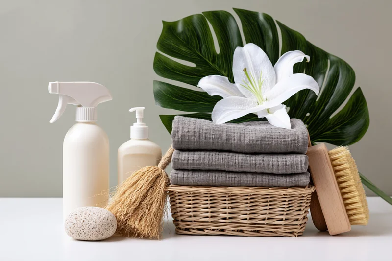 Eco cleaning and bath supplies arranged on white surface with monstera leaf and white lily in wicker basket