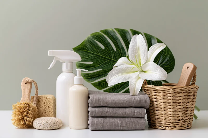 Eco cleaning and bath supplies arranged on white surface with plant and towels