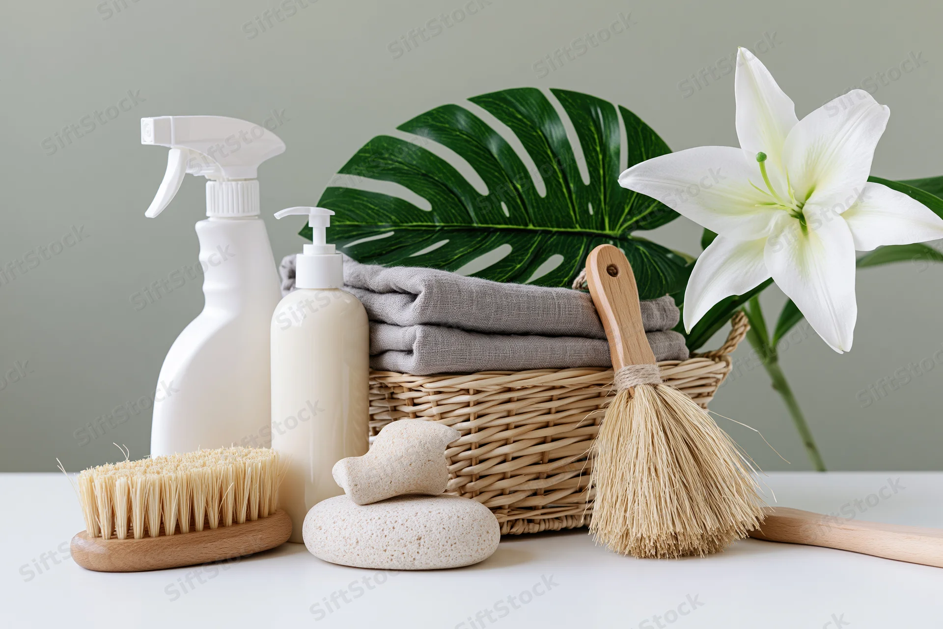 Eco cleaning and bath supplies arranged on white surface with plants and woven basket