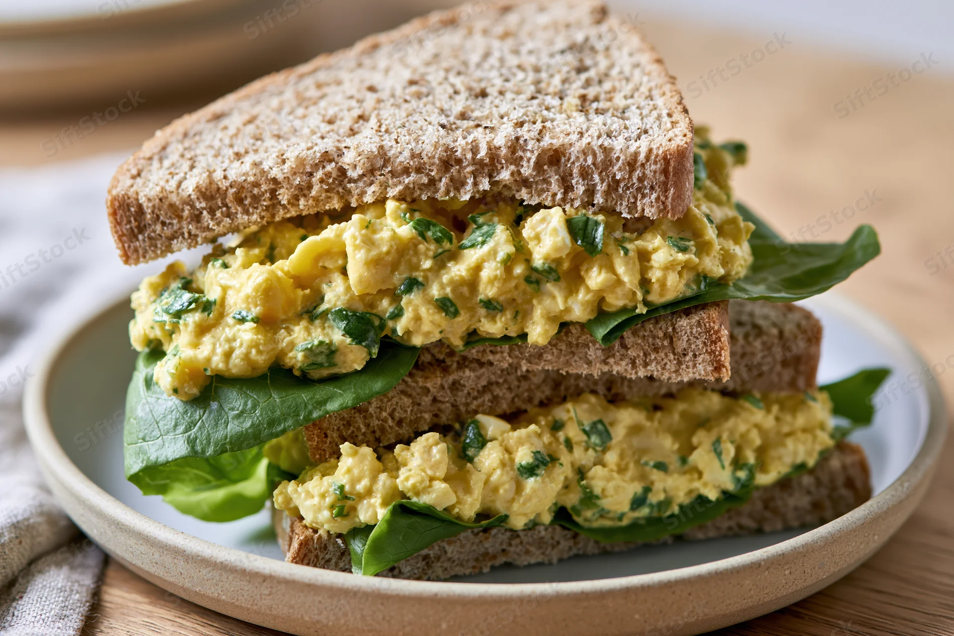 Egg salad sandwich cut in half and stacked on a matte ceramic plate with lettuce on whole grain bread