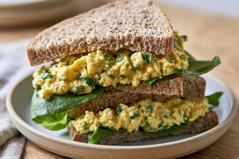 Egg salad sandwich cut in half and stacked on a matte ceramic plate with lettuce on whole grain bread