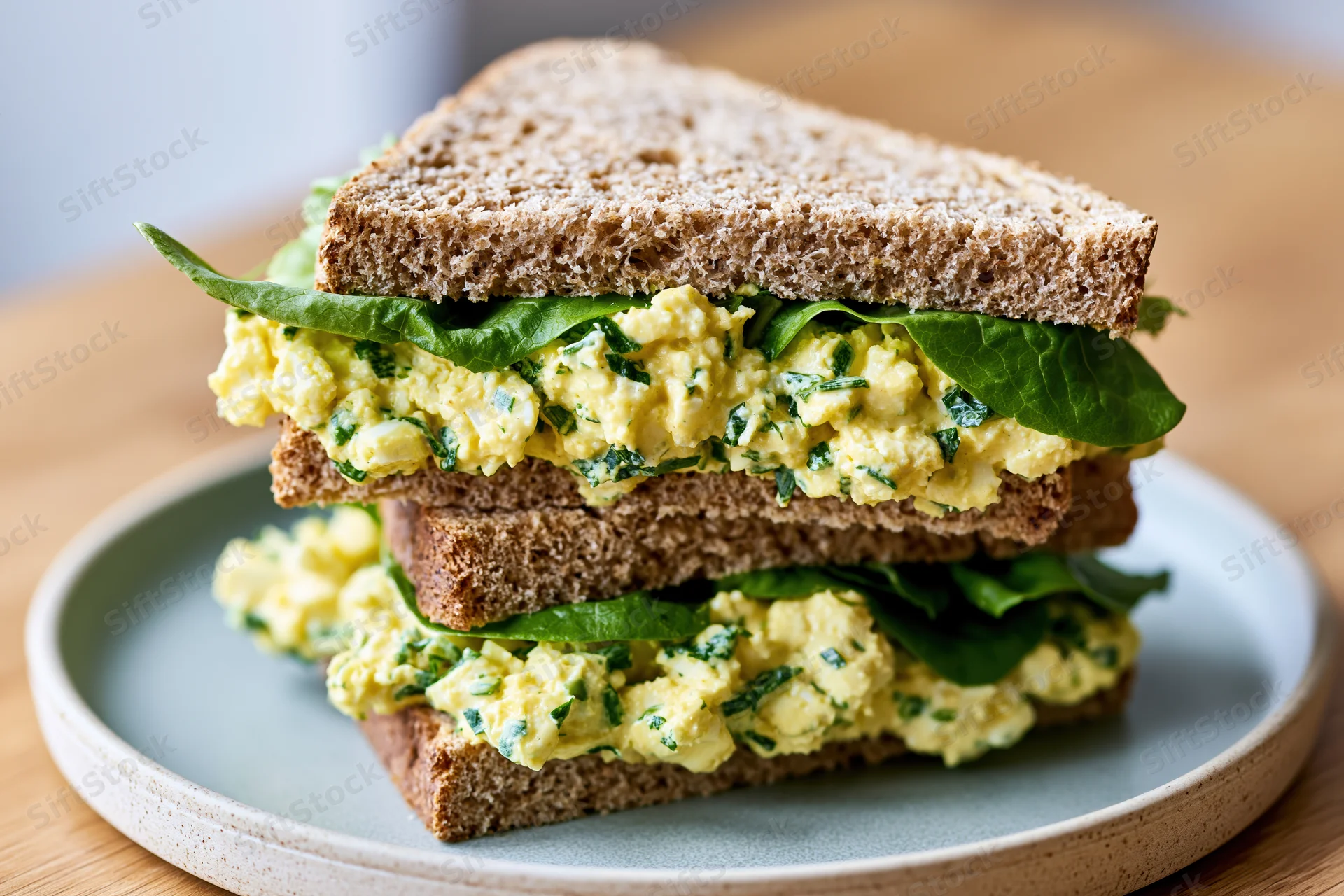 Egg salad sandwich cut in half and stacked on a matte ceramic plate