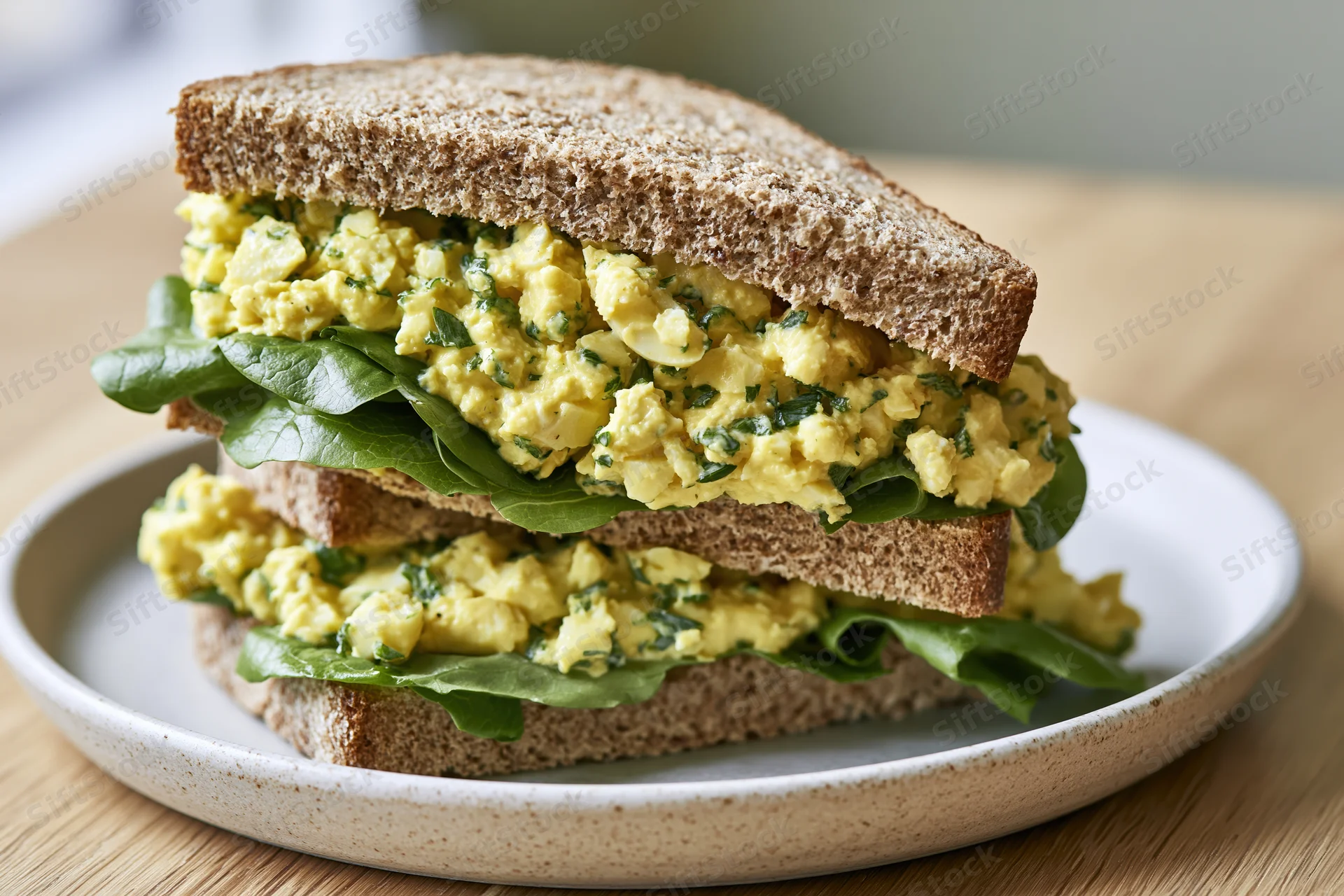 Egg salad sandwich cut in half and stacked on a matte ceramic plate with lettuce on whole grain bread