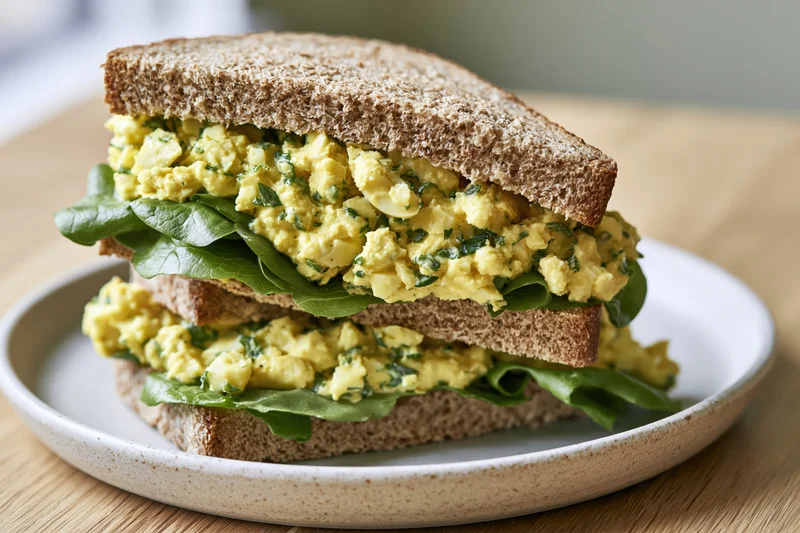 Egg salad sandwich cut in half and stacked on a matte ceramic plate with lettuce on whole grain bread