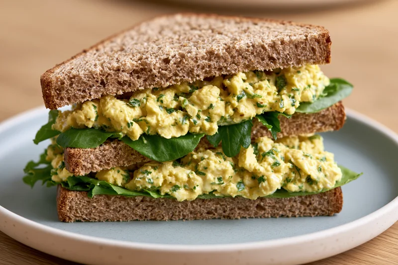 Egg salad sandwich cut in half and stacked on a matte ceramic plate