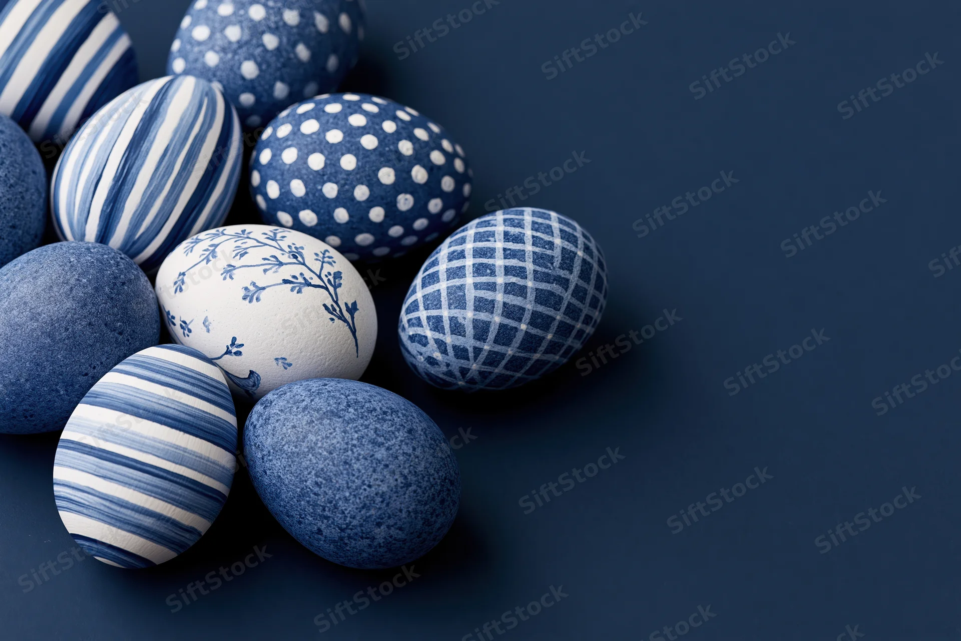 Decorated easter eggs arranged loosely in the lower-left corner on a dark blue surface with copyspace