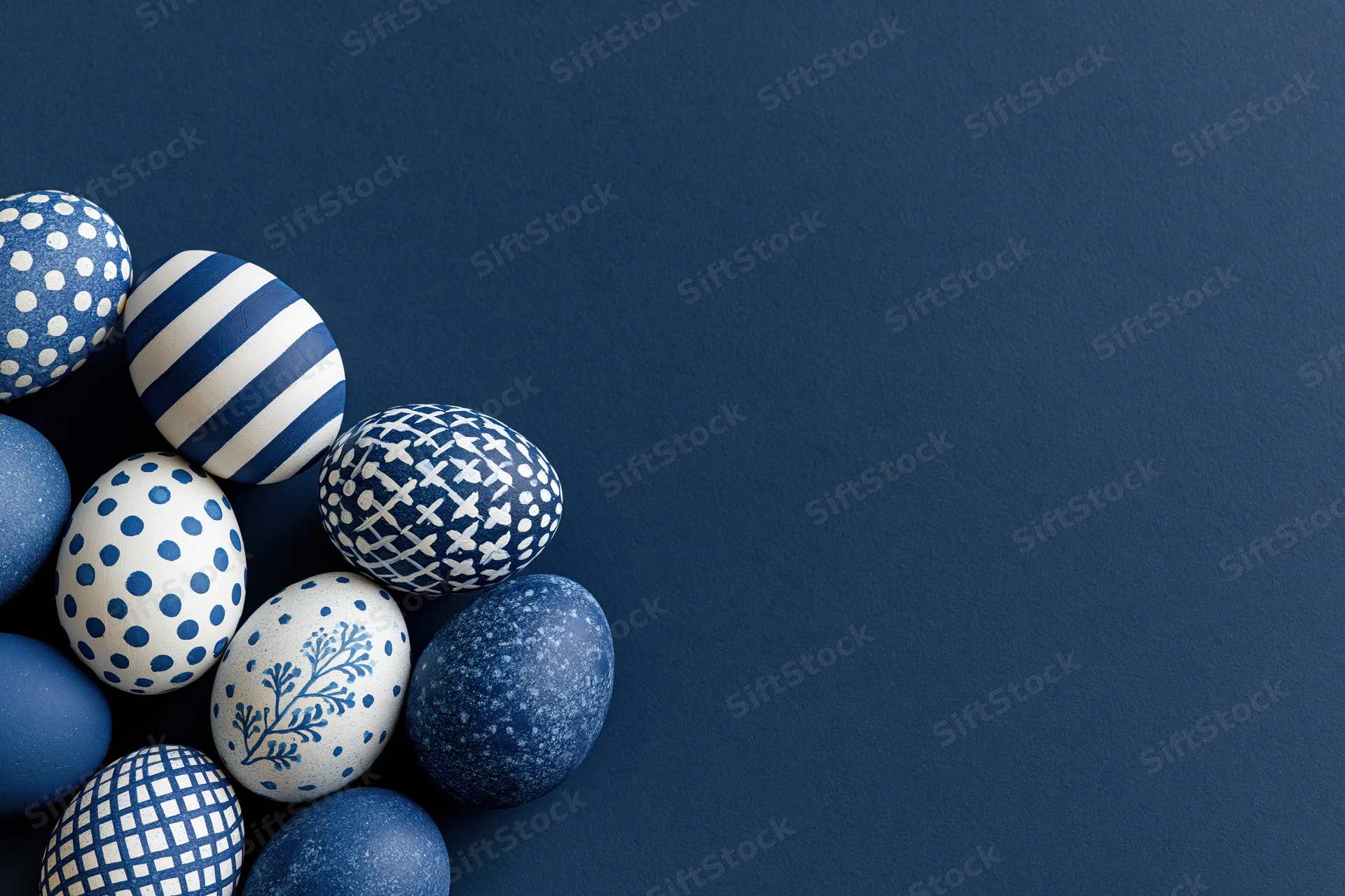 Decorated easter eggs arranged in lower-left corner on blue background with copyspace