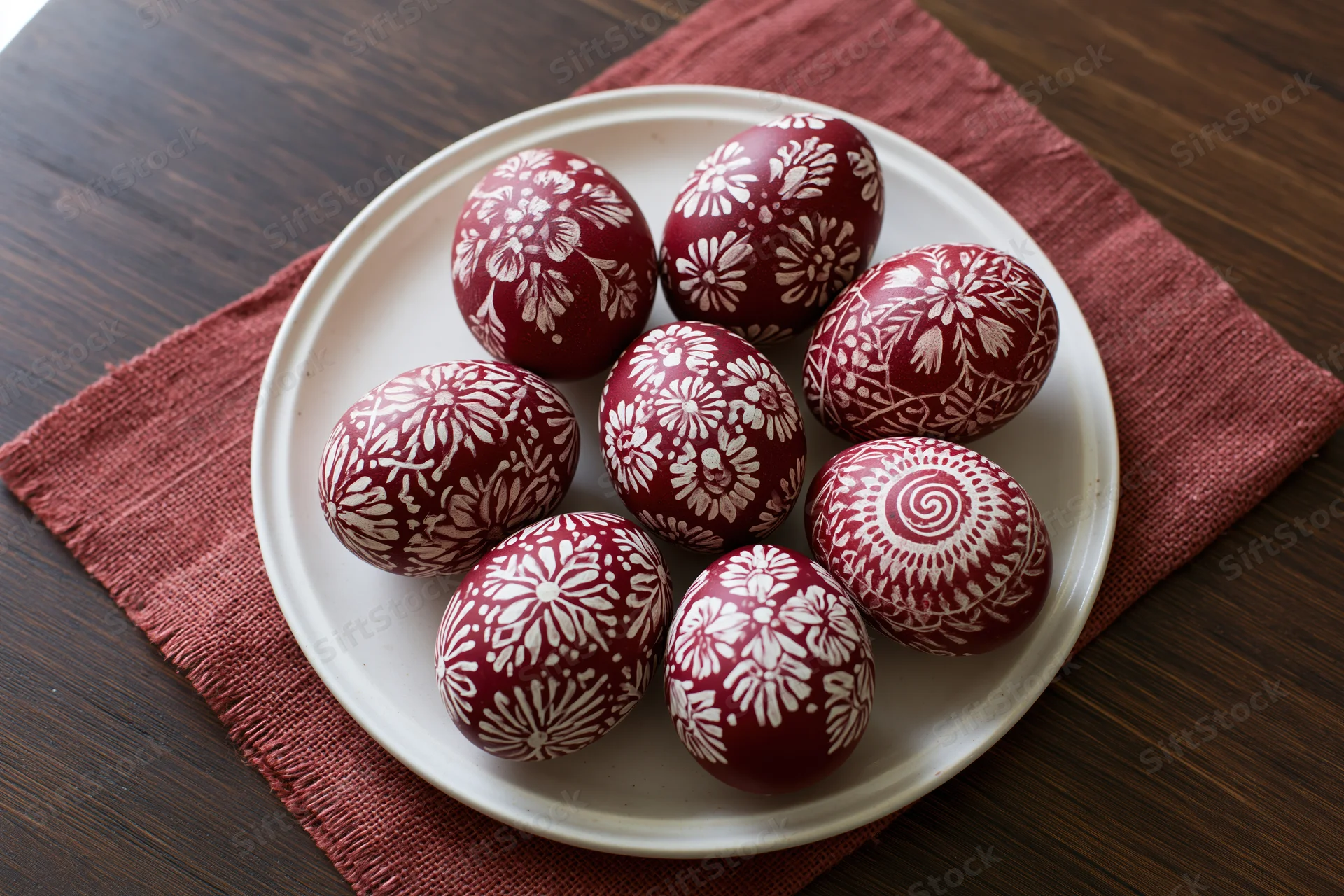 Eight deep red easter eggs with white scratched floral patterns arranged on a white plate atop a maroon napkin on a dark wooden table