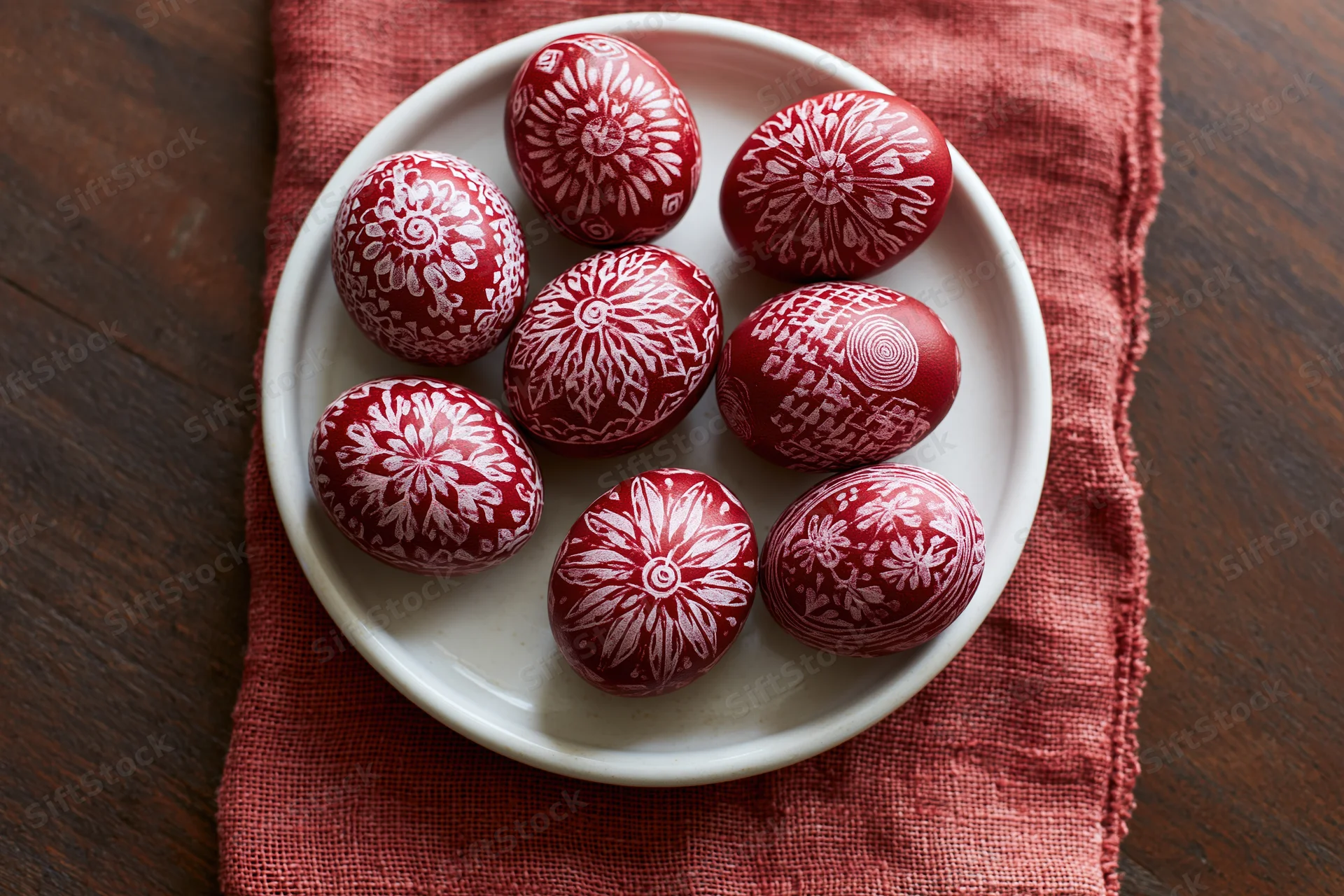 Eight red decorated easter eggs with white scratched floral patterns arranged on a white plate atop a rust-colored textile napkin on a wooden table