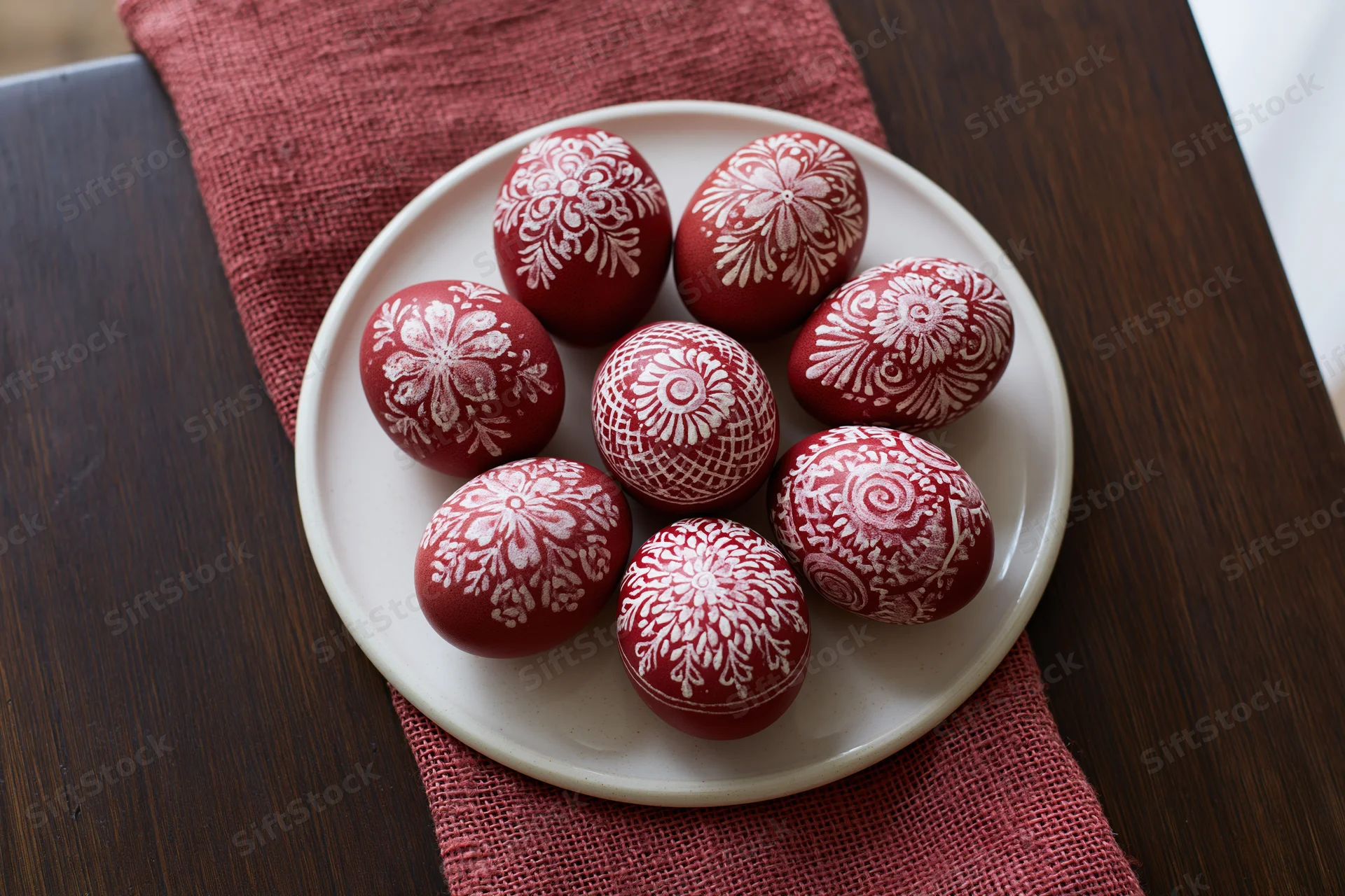 Eight red decorated easter eggs with white scratched floral patterns arranged on a white plate atop a red textile napkin on dark wood surface