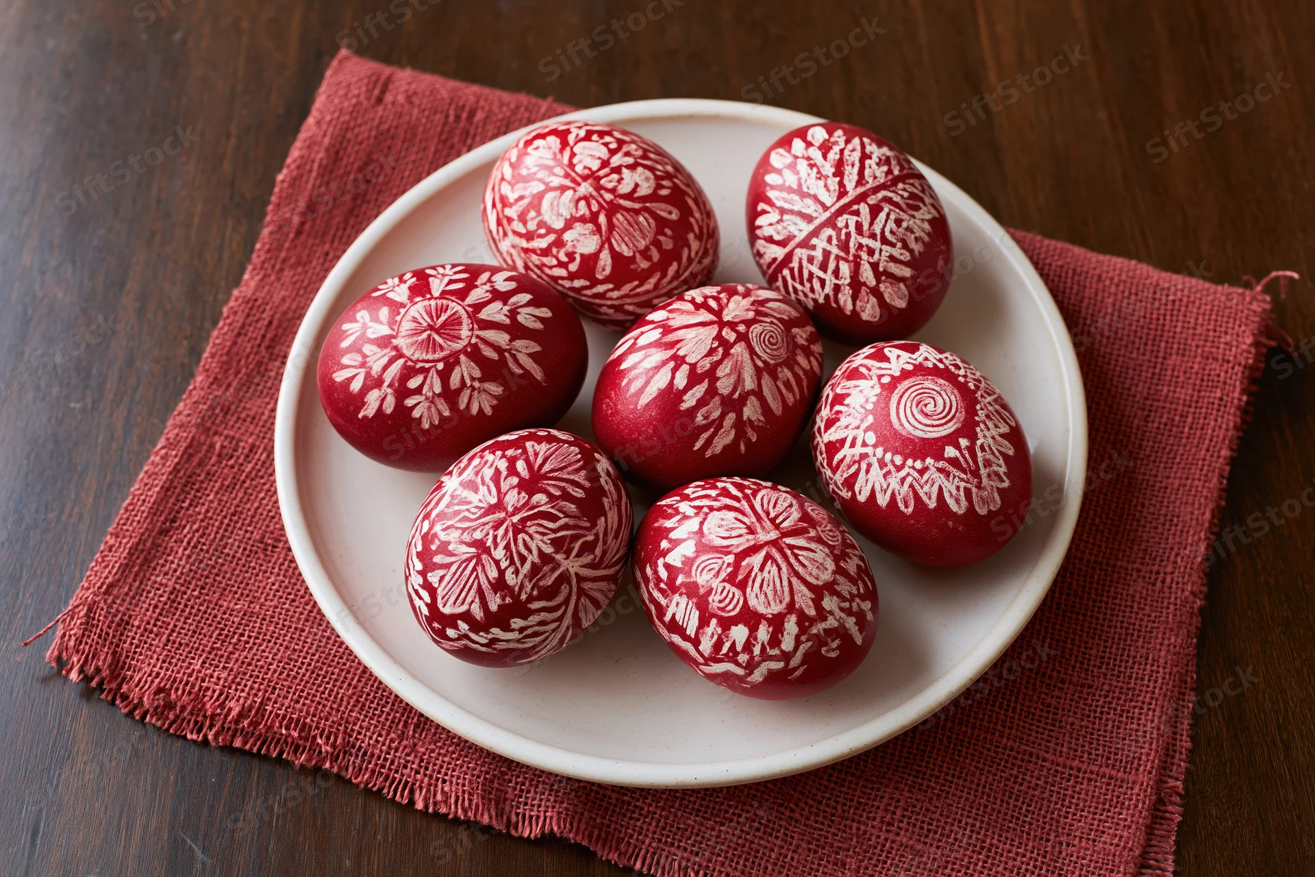 Eight red decorated easter eggs with white scratched patterns arranged on a white plate atop a red textile napkin on a wooden surface