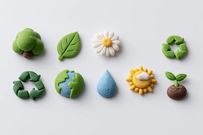 Eight clay-sculpted ecology icons arranged in two rows on white background
