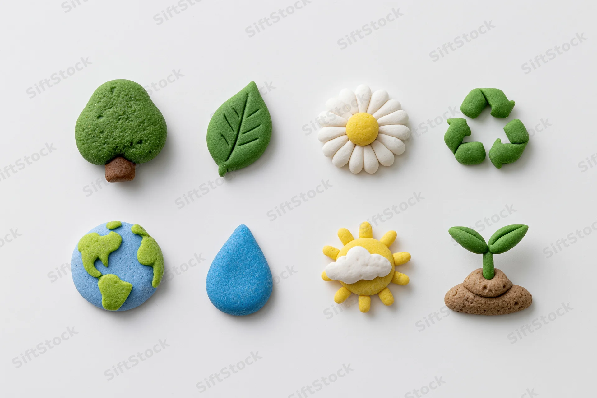 Eight clay-sculpted ecology icons arranged in two rows on white background