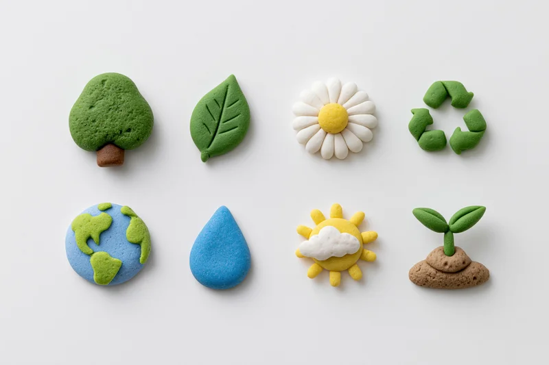 Eight clay-sculpted ecology icons arranged in two rows on white background
