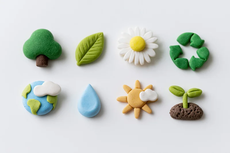 Eight clay-sculpted ecology icons arranged in two rows on white background