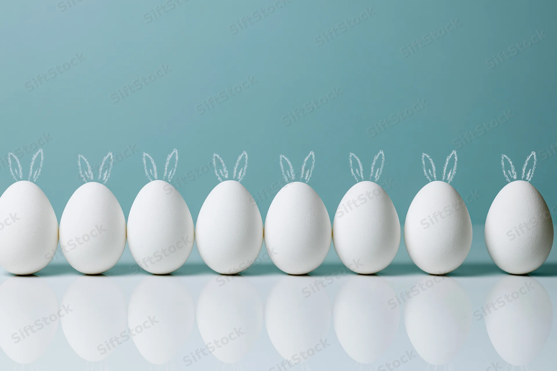 Eight white eggs with bunny ears lined up in a row on a reflective surface