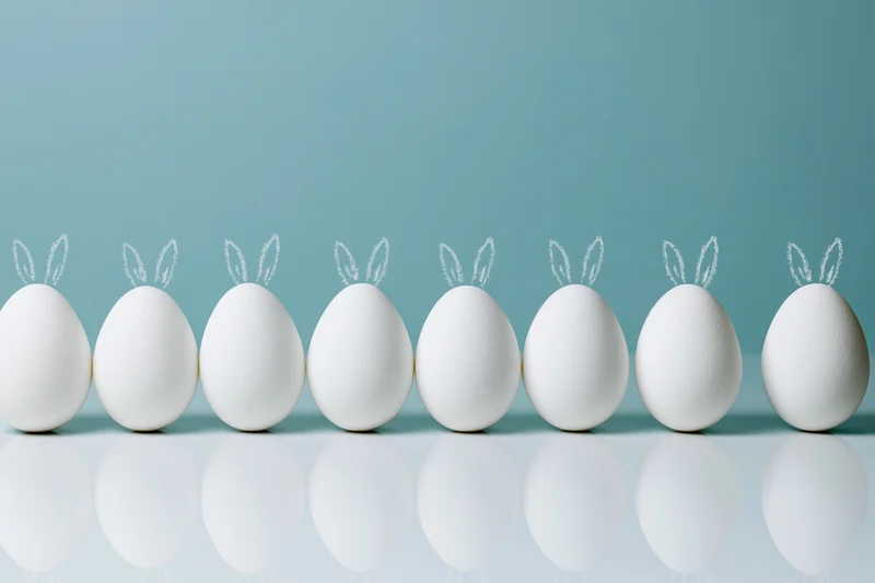 Eight white eggs with bunny ears lined up in a row on a reflective surface