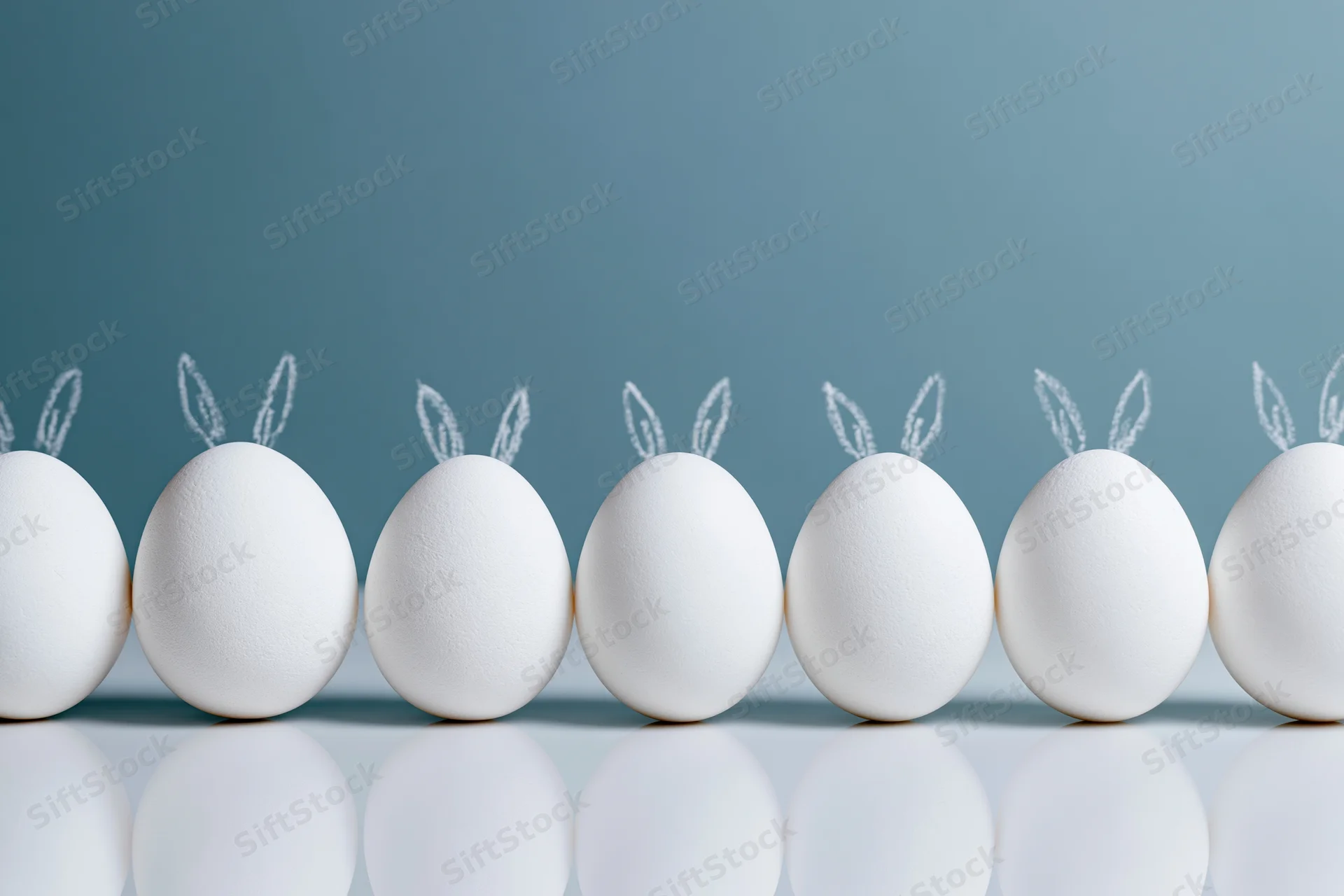 White eggs with bunny ears arranged in a row on a reflective surface