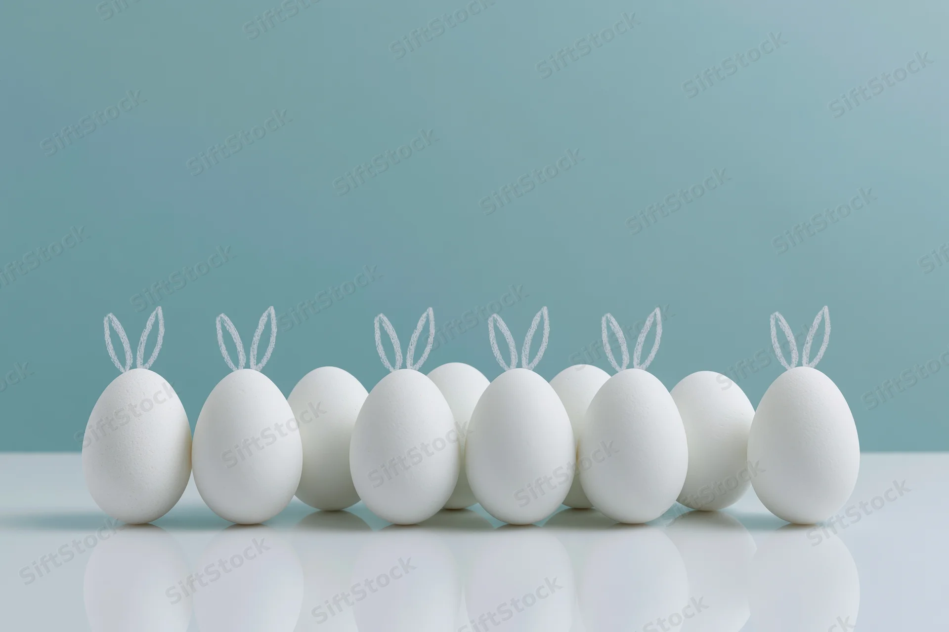 Eight white eggs with bunny ears arranged in a row on a reflective white surface