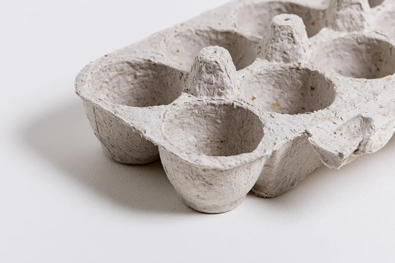 Empty recycled cardboard egg carton tray lying flat on white surface