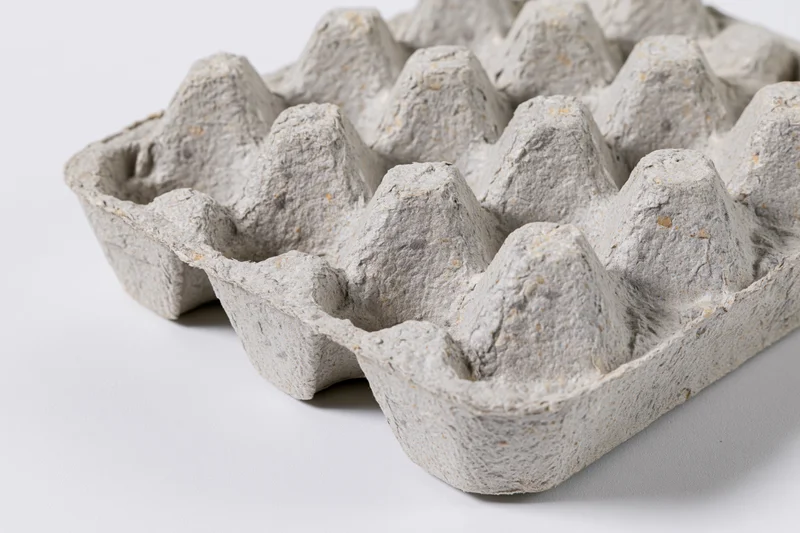 Empty recycled cardboard egg carton tray lying flat on white surface