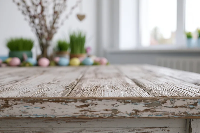 Empty rustic wooden table surface in foreground with easter decorations in soft focus behind