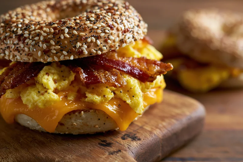 Everything bagel breakfast sandwich with scrambled eggs, bacon, and melted cheese on a wooden cutting board