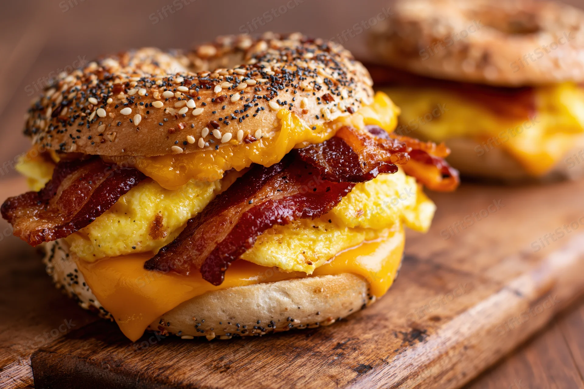 Everything bagel breakfast sandwich with scrambled eggs, bacon, and melted cheese on a wooden cutting board