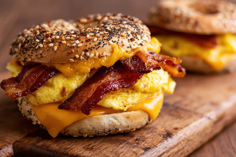 Everything bagel breakfast sandwich with scrambled eggs, bacon, and melted cheese on a wooden cutting board