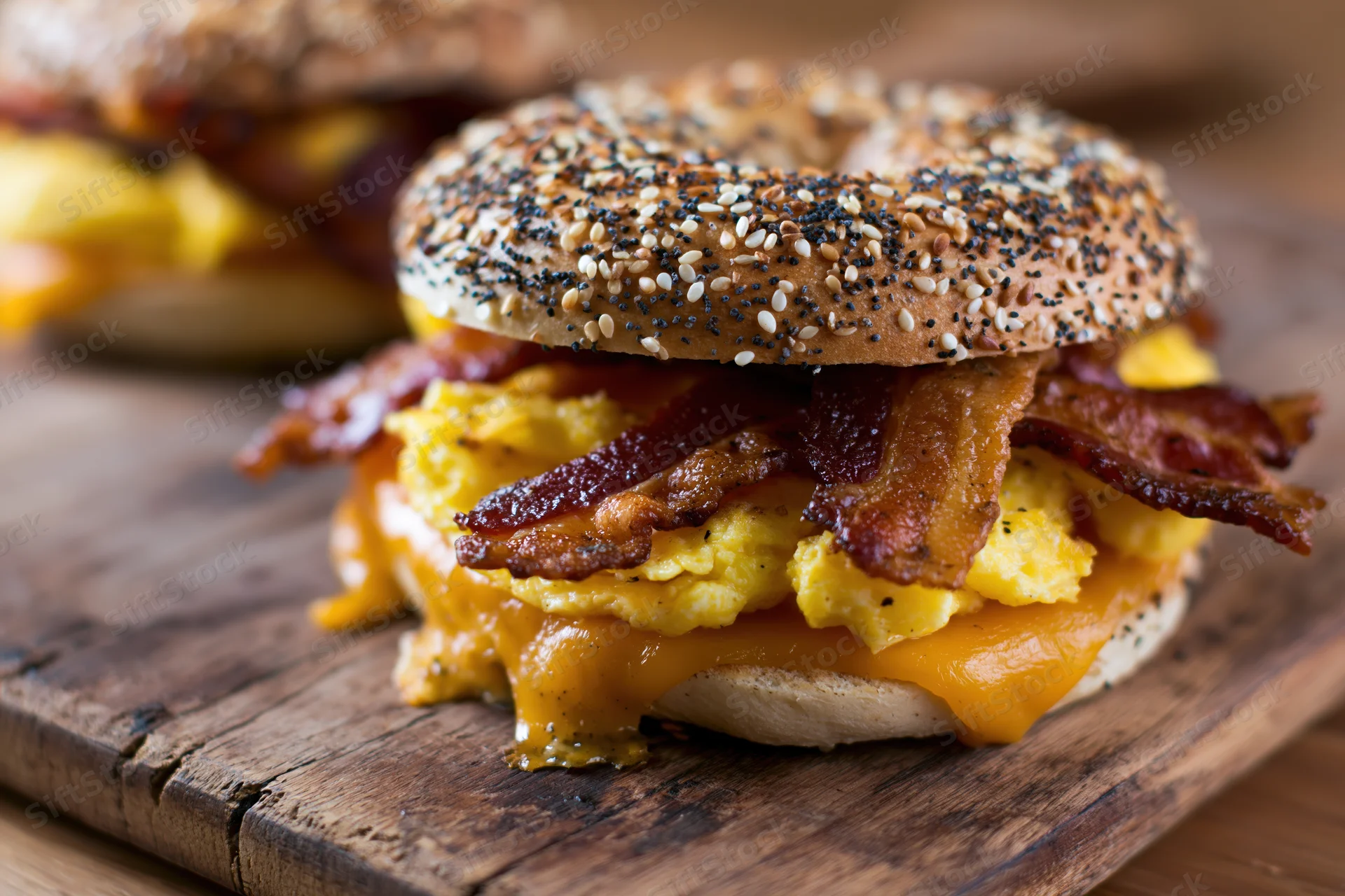 Everything bagel breakfast sandwich with scrambled eggs and bacon on wooden board