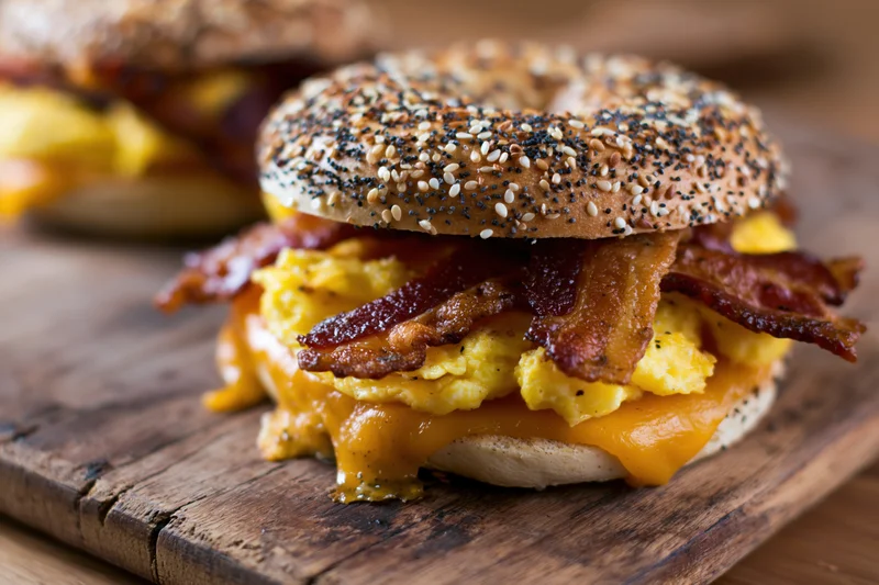 Everything bagel breakfast sandwich with scrambled eggs and bacon on wooden board